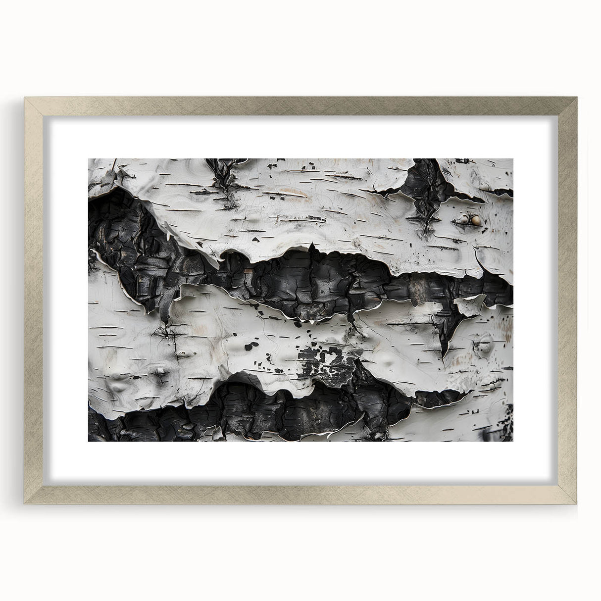Textured art depicting close-up abstract tree designs in muted earth tones on a silver-framed canvas.