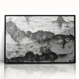 Large abstract wall art depicting close-up tree designs in black and white, framed in acrylic.