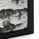 Extra large framed canvas featuring a close-up of textured tree bark in black with colorful art accents.