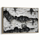 Framed canvas featuring close-up of trees in black and gold, ideal for bedroom wall decor.