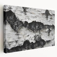 Close-up image of tree bark on a stretched canvas, displaying intricate textures in earth tones.