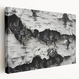 Close-up image of tree bark on a stretched canvas, displaying intricate textures in earth tones.