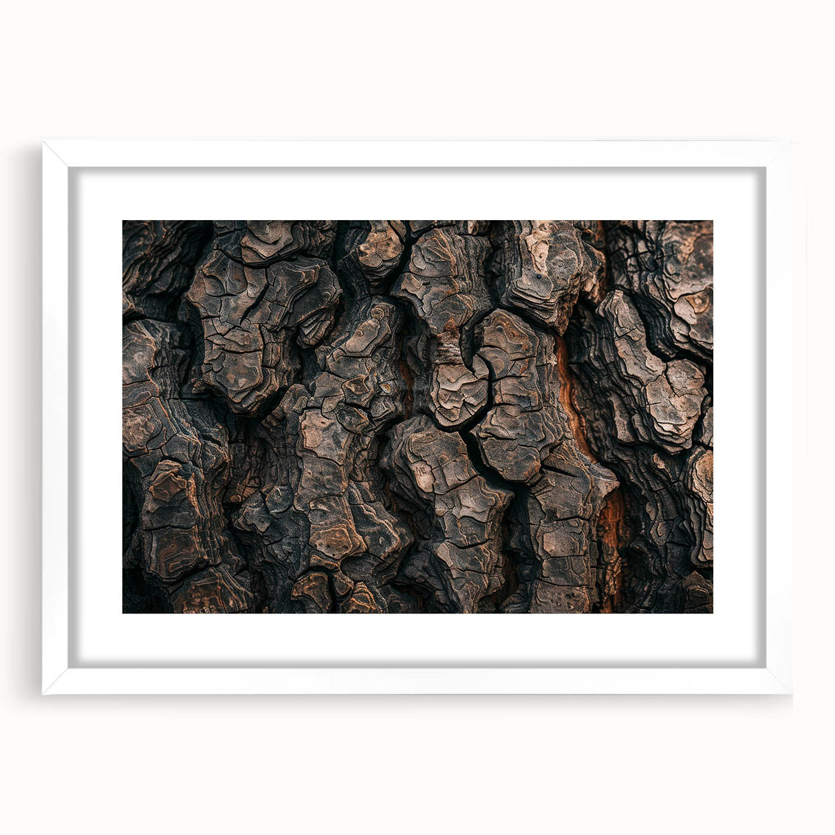 Abstract art print featuring close-up tree designs in muted green and brown, framed in white, ideal for dining room decor.