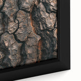 Extra large framed canvas featuring a close-up of tree bark in black with colorful, textured details.