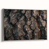 Framed canvas featuring a close-up of tree bark in a vintage poster style with a silver frame.