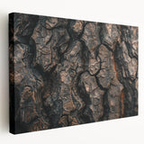 Close-up image of tree bark on a stretched canvas, featuring detailed textures in earthy tones.