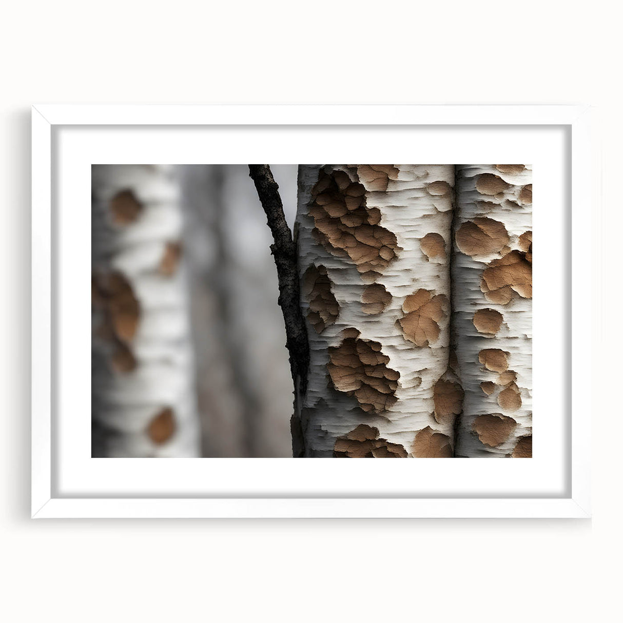 Abstract art print featuring close-up views of trees in muted green and brown tones, framed in white.