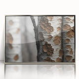 Mid-century modernist art of close-up trees in muted green and brown tones on framed acrylic, ideal for nursery wall decor.