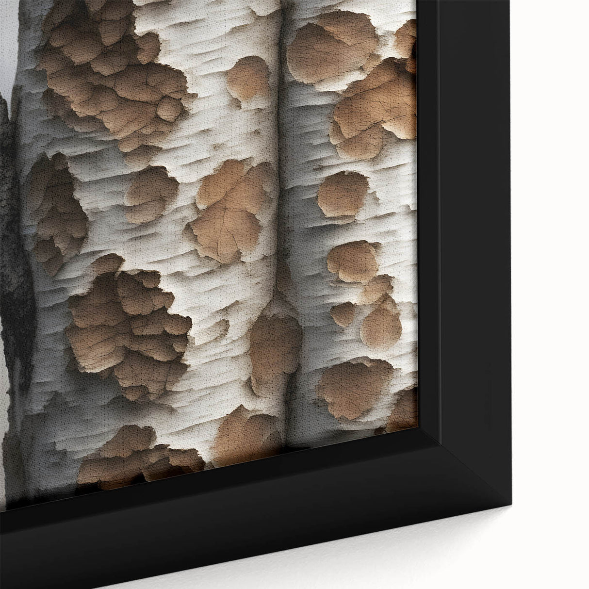 Close-up of a black textured tree bark, highlighted with colorful accents on a framed canvas, suitable for living room decor.