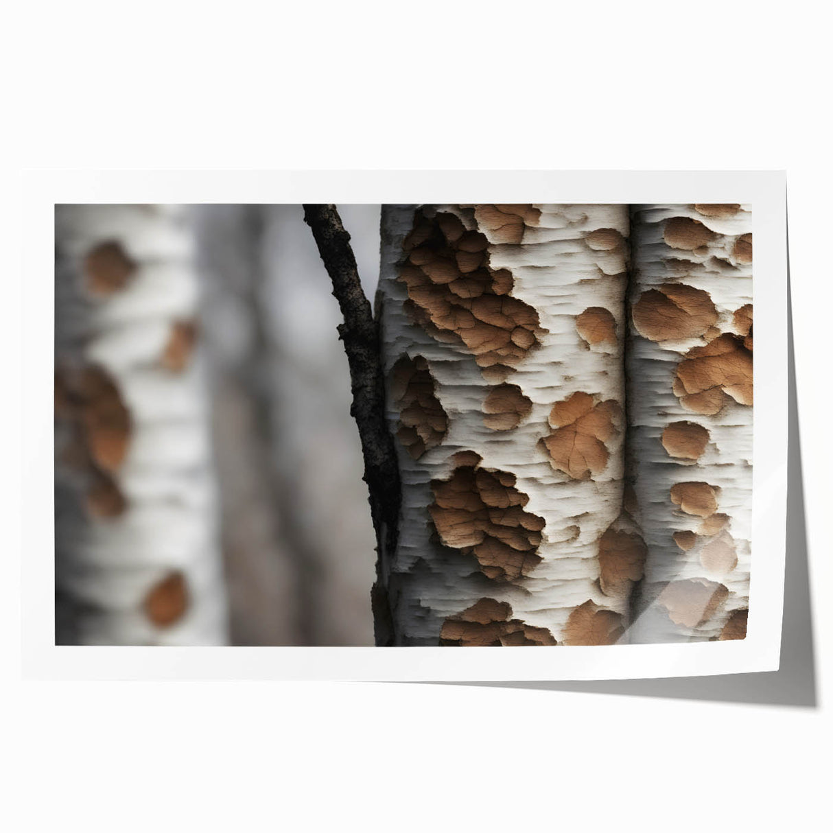 Close-up of tree branches art wall on rolled print with earthy green tones, ideal for dining room or bathroom decor.