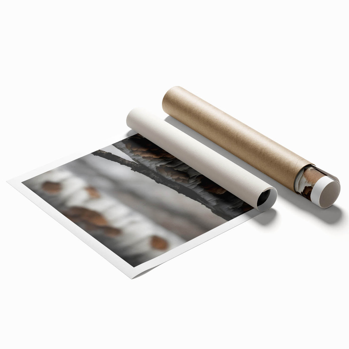 Extra large rolled print of close-up tree branches in soft green and brown tones, suitable for classy bathroom wall art.