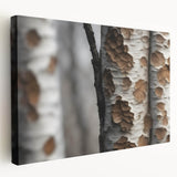 Close-up of tree bark on a large stretched canvas with detailed textures in earth tones, suitable for kitchen wall art.
