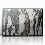 Framed acrylic print featuring a close-up of tree designs in black and white, ideal for modern art wall decor.