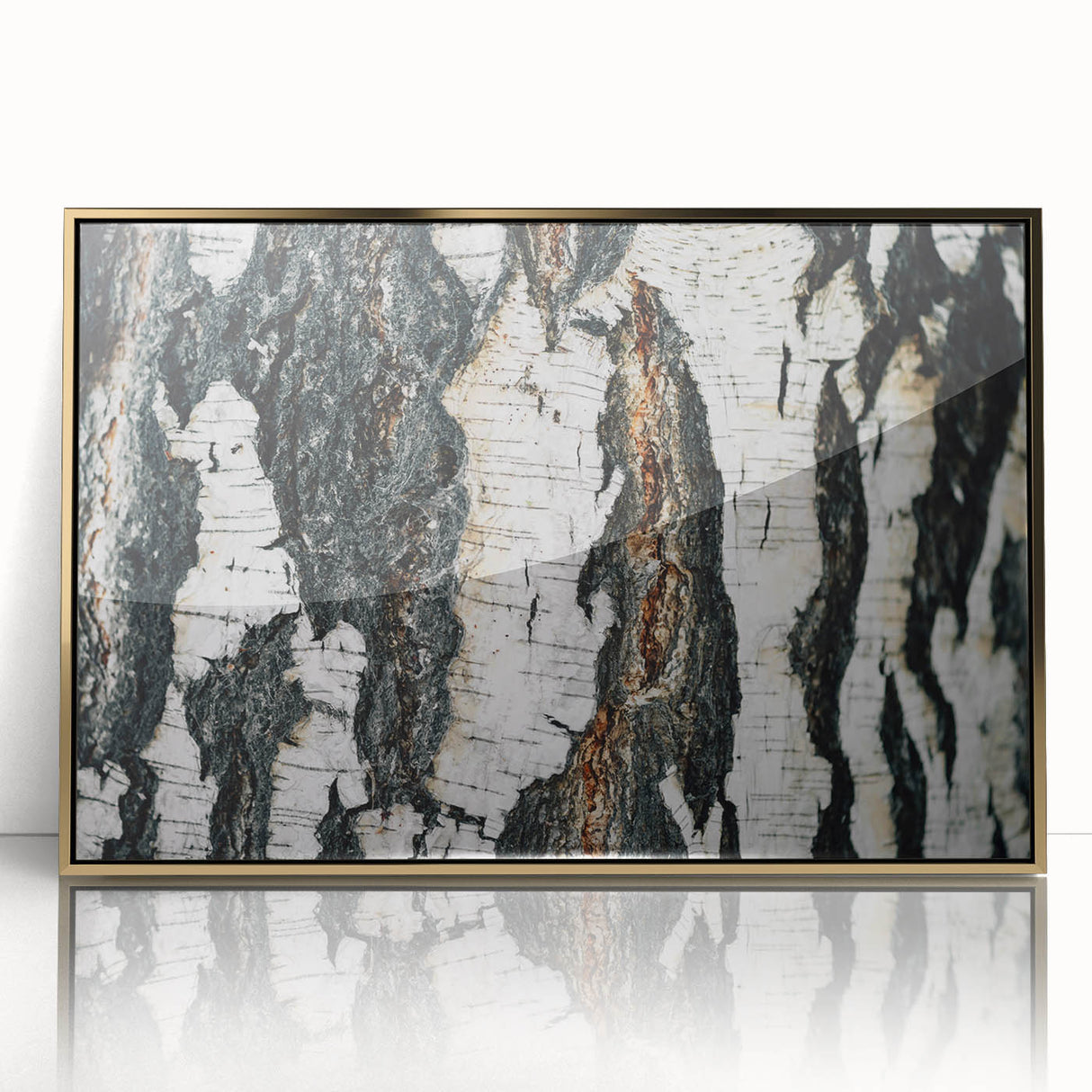 Mid-century modernist large art print on framed acrylic, featuring close-up of trees in muted green and gold tones.