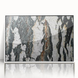 Close-up of trees in art deco style on a white-framed acrylic, featuring muted green and brown tones.