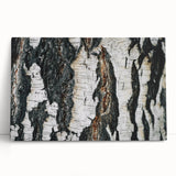 Black and white close-up photo of tree bark on a stretched canvas, ideal for kitchen wall art or bedroom ambiance.