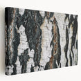 Close-up image of tree bark on a stretched canvas, featuring detailed textures in earth tones, suitable for kitchen wall art.