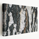 Close-up image of tree bark on a stretched canvas, featuring detailed textures in earth tones, suitable for kitchen wall art.