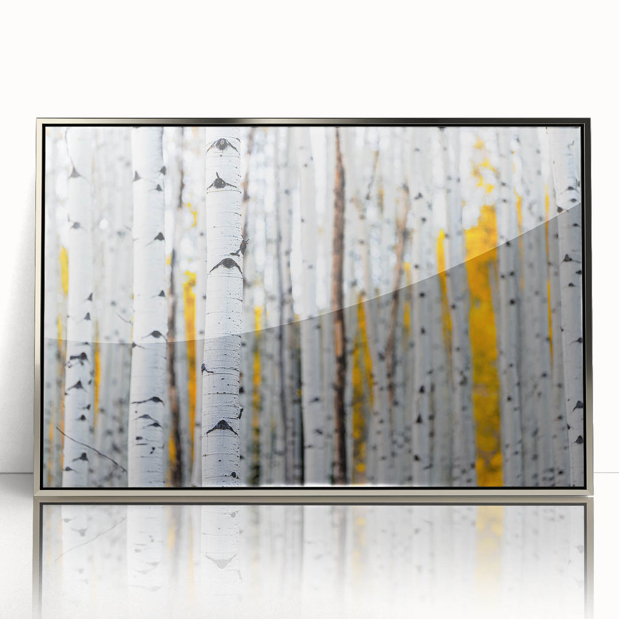 Mid-century modernist art of close-up trees in acrylic, silver frame, ideal for modern nursery wall decor.