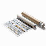 Extra large rolled print featuring close-up floral art of trees in muted green and brown tones.