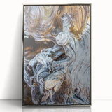 Mid-century modernist art depicting a close-up of trees, framed in acrylic with silver edges.