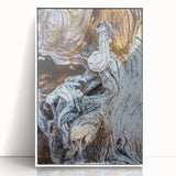 Art deco poster of trees in muted green and brown tones, framed acrylic, ideal for modern nursery wall decor.