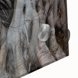 Large abstract wall art featuring close-up of tree bark in earthy tones on acrylic glass, ideal for dining room decor.