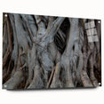 Large abstract wall art of close-up tree designs on acrylic glass, with neutral and earthy tones.