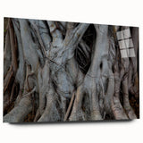 Large abstract wall art on acrylic glass depicting close-ups of trees in muted green and brown.