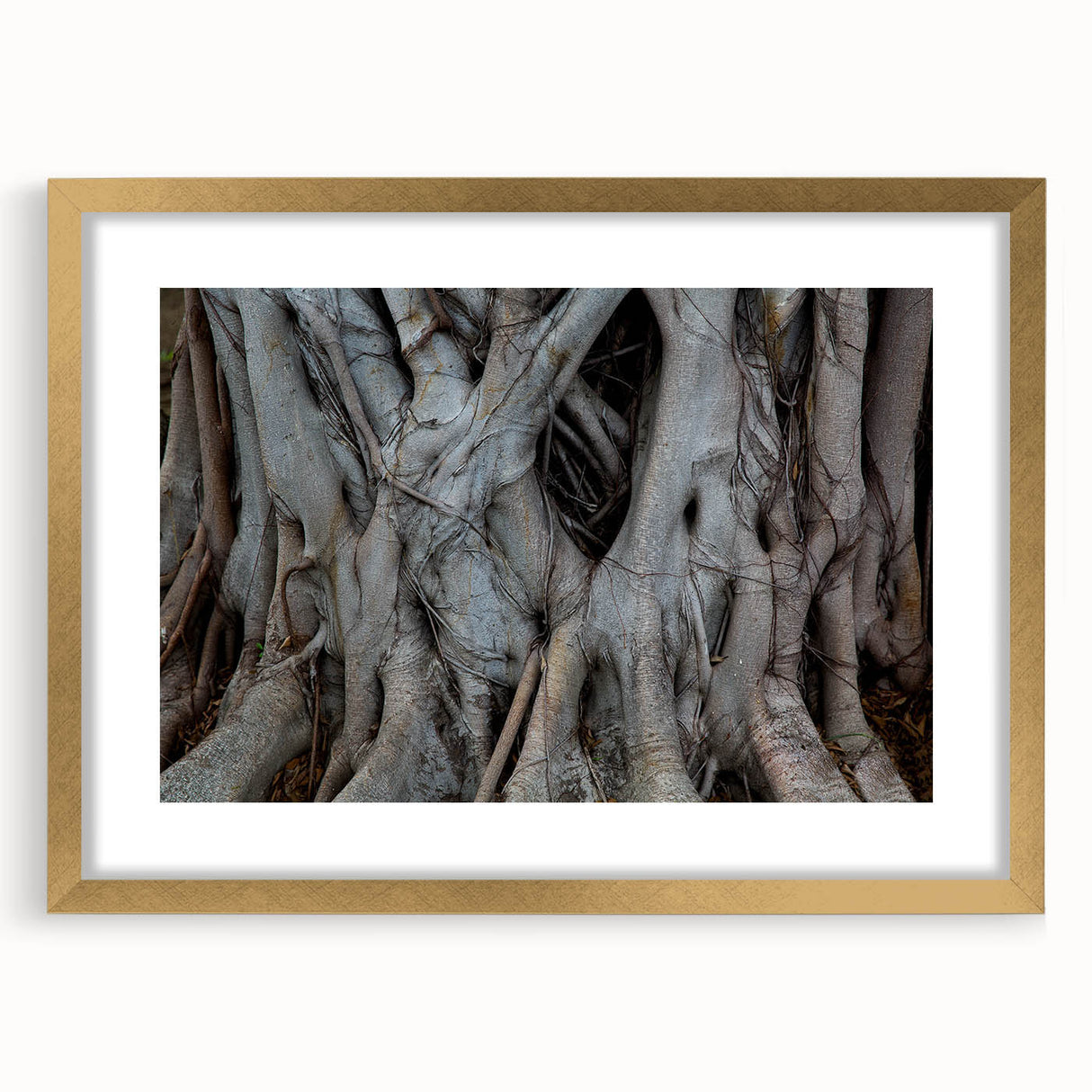 Abstract art print of textured trees in muted earth tones on a large framed canvas, ideal for living room decor.