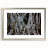 Textured art print of abstract tree close-ups in muted green and brown, silver-framed with mat, suitable for bedroom decor.