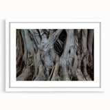 Abstract art print of close-up tree designs in muted green and brown tones on a white-framed canvas.