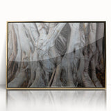 Framed acrylic print of close-up tree branches in muted earth tones, ideal for modern nursery wall art.