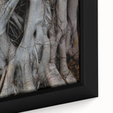 Black wall art featuring a close-up of tree textures in colorful art style on framed canvas, ideal for living room decor.