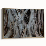 Framed canvas featuring close-up of trees in black and gold, ideal for bedroom wall art with a vintage poster feel.