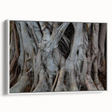 Vintage poster art of close-up trees in vibrant color palette, framed canvas, ideal for living room decor.