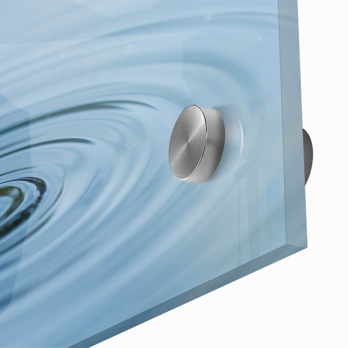 Large abstract wall art on acrylic glass depicting water ripples in muted blue tones, suitable for dining room decor.