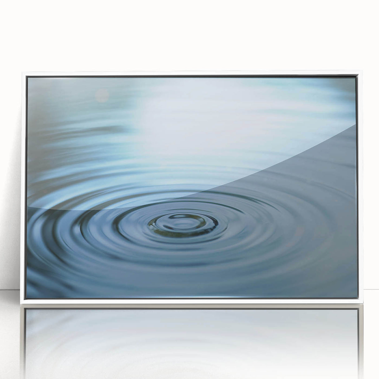 Acrylic print of a close-up water design in soft blue tones, framed in white, suitable for modern nursery decor.