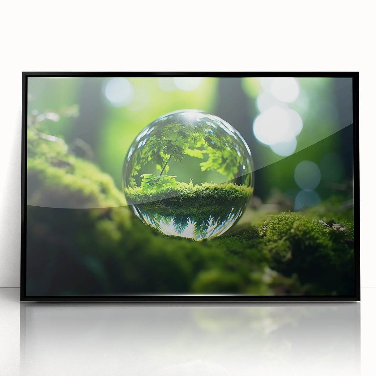 Framed acrylic print featuring a large abstract water design in blue and teal tones, ideal for modern living room decor.