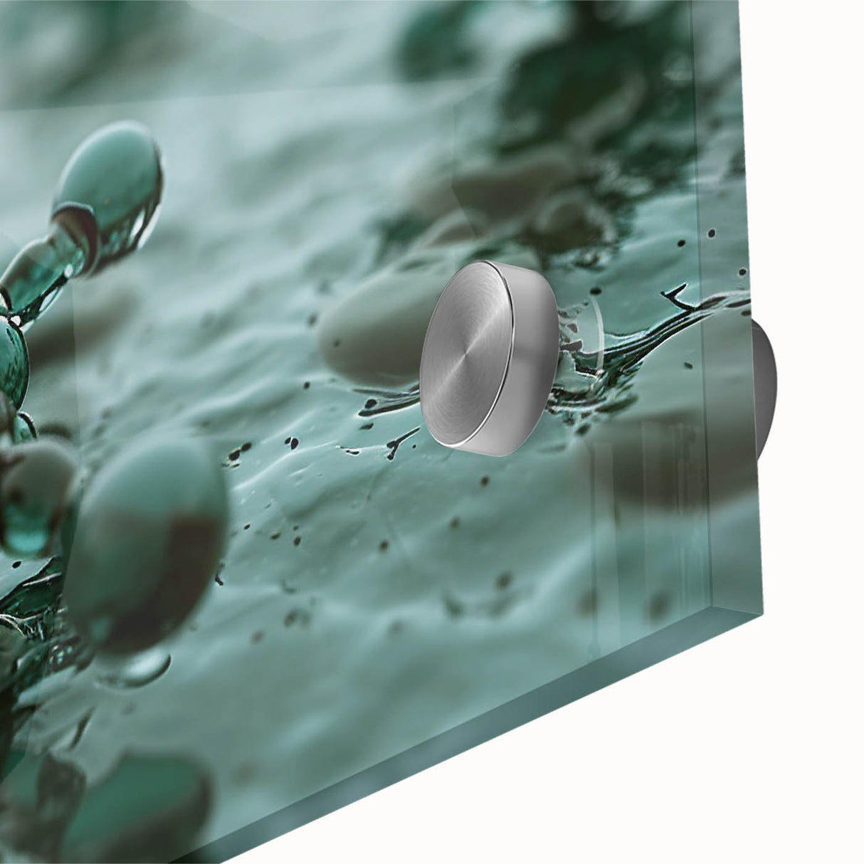 Close-up water design on acrylic glass, featuring blue and teal abstract patterns.