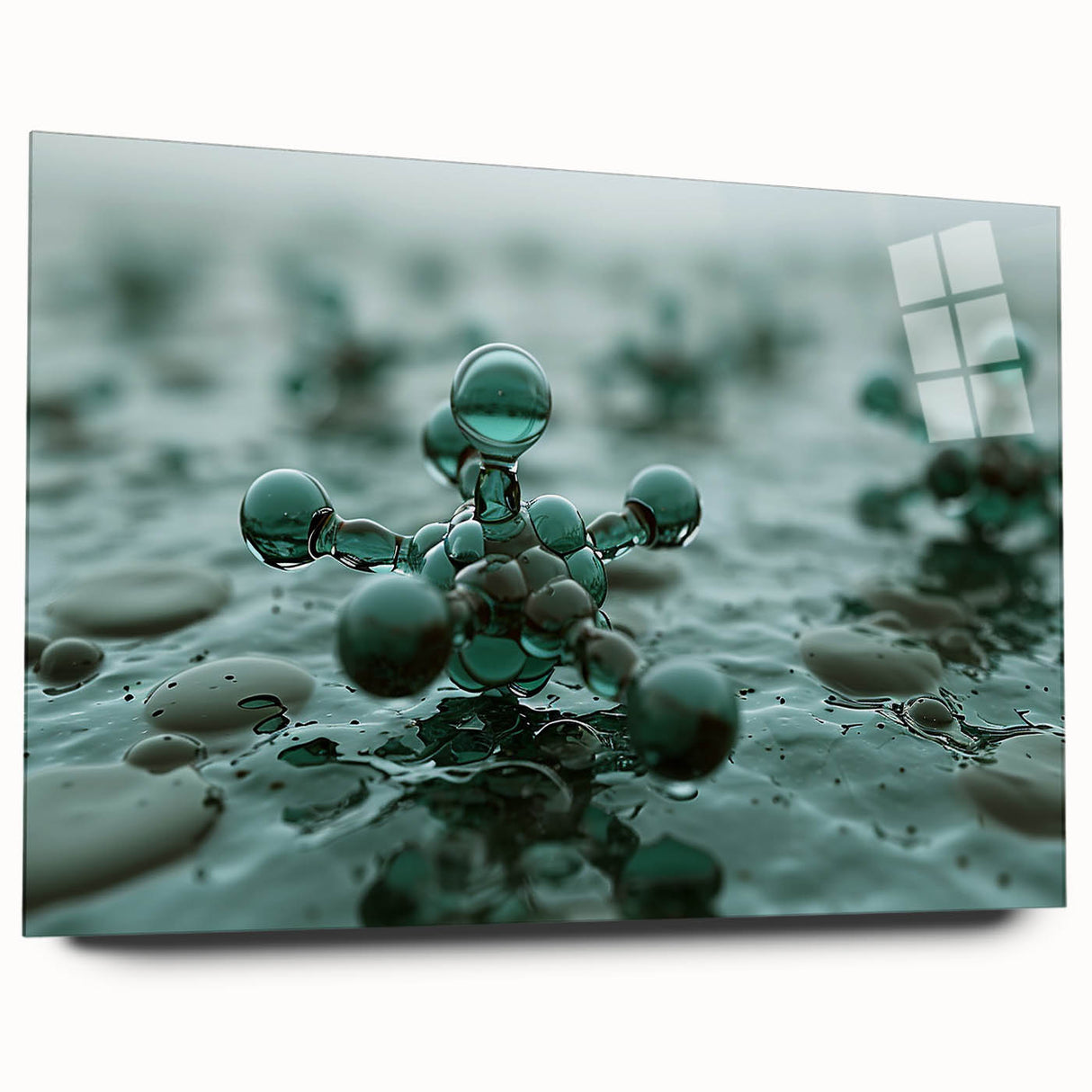 Large abstract wall art of rippling water in blue and gray tones on acrylic glass, ideal for bedroom or dining room decor.