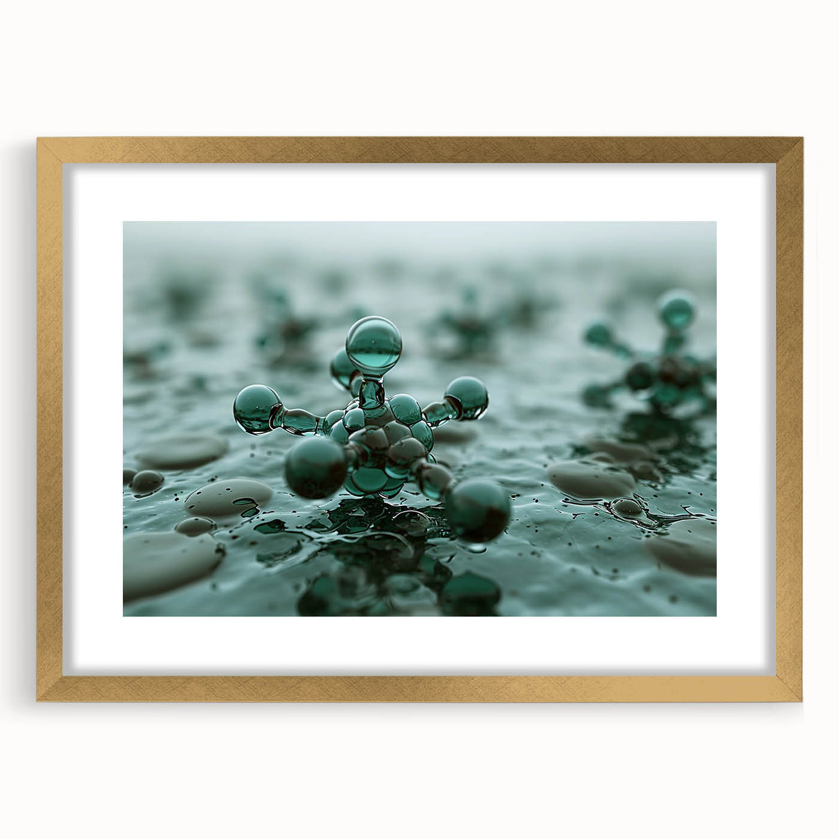 Extra large abstract art print featuring close-up water textures in blue and gray tones, framed in gold.