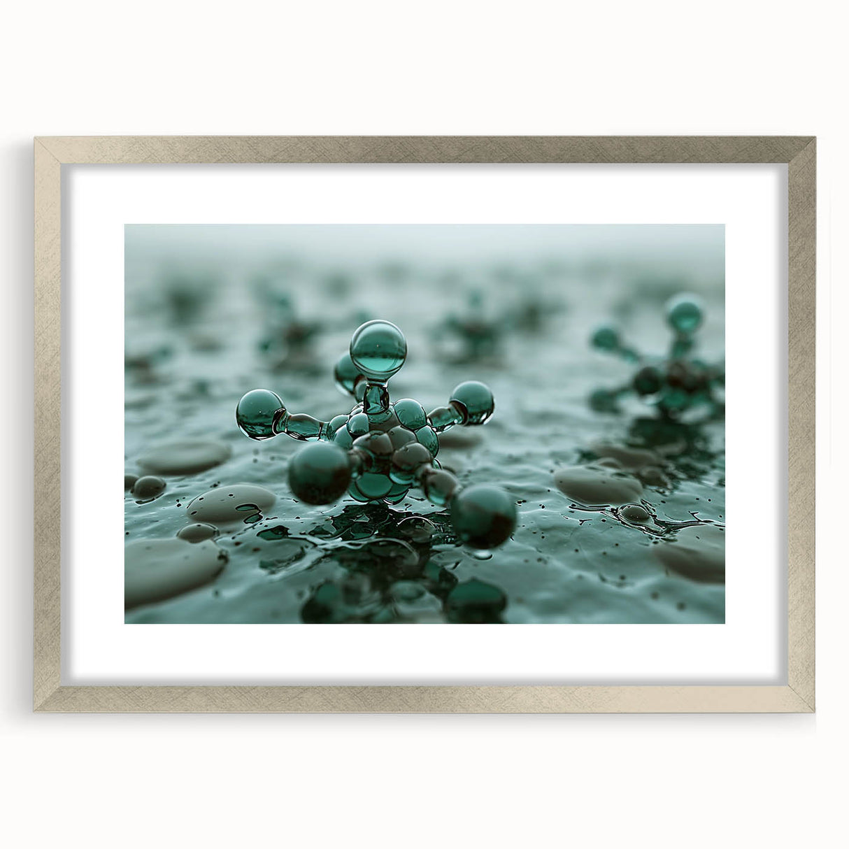 Textured art of abstract water design in muted blue tones on a framed silver mat, ideal for bedroom wall decor.