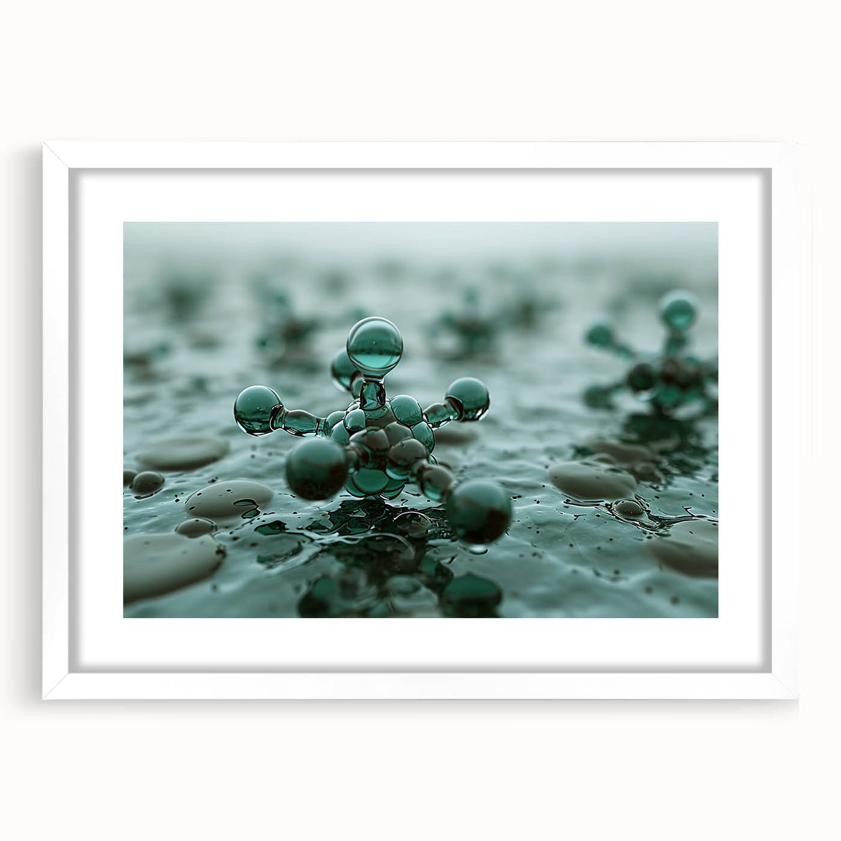 Abstract art print featuring swirling blue and white patterns, framed in white, suitable for bedroom or dining room decor.
