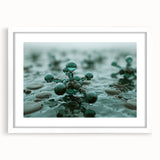 Abstract art print featuring swirling blue and white patterns, framed in white, suitable for bedroom or dining room decor.