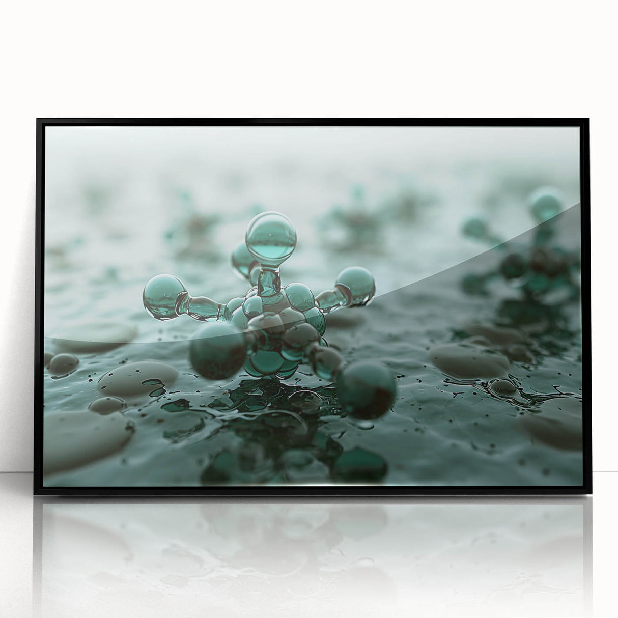 Large abstract wall art featuring swirling blue and green patterns on framed acrylic, suitable for modern living room decor.