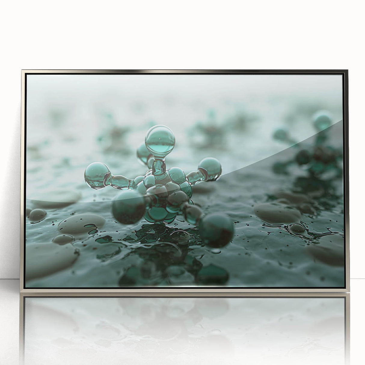 Mid-century modernist art depicting a close-up water design in cool blue tones on a framed acrylic.