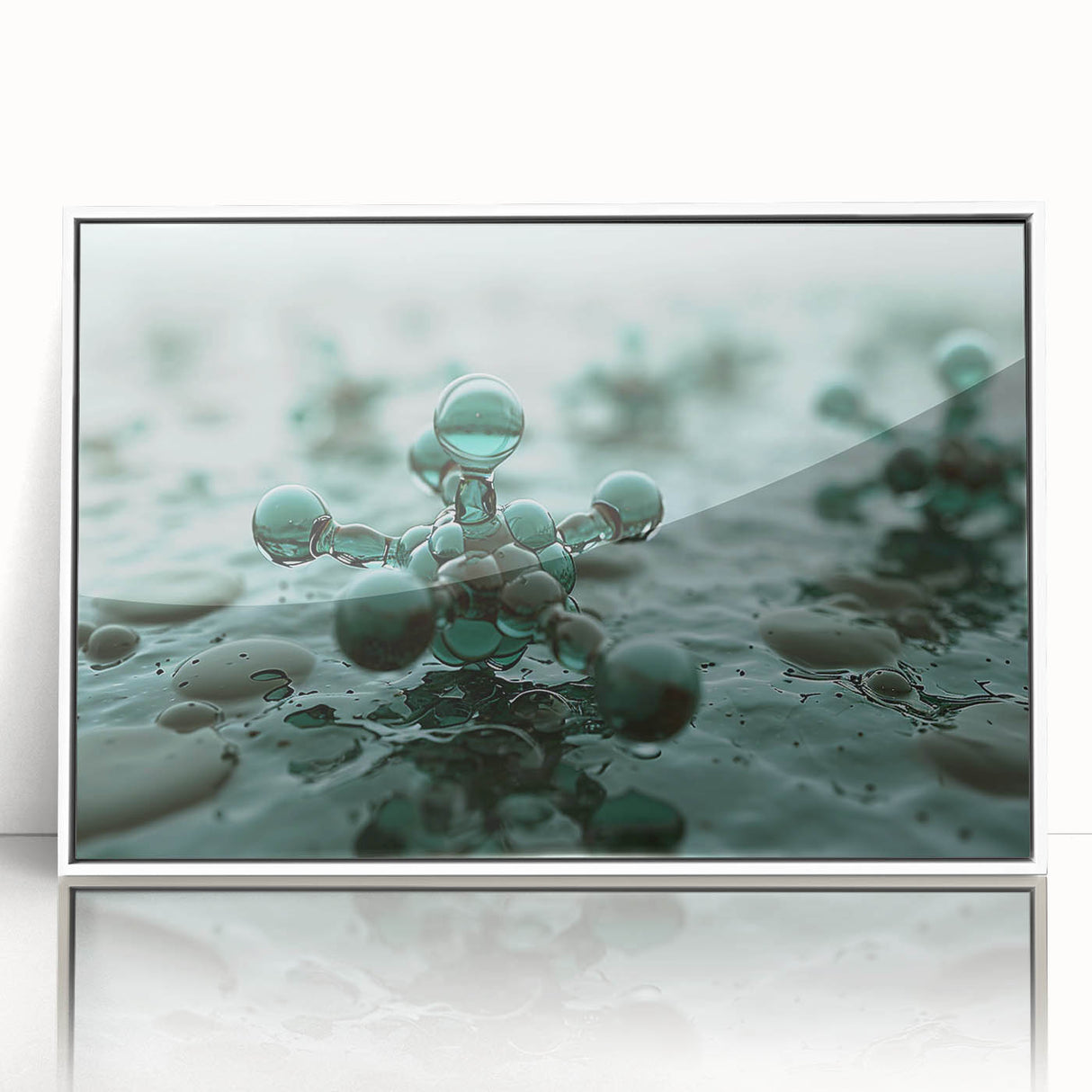 Acrylic print of a close-up water design in muted blue and white tones, framed in white, suitable for modern nursery decor.