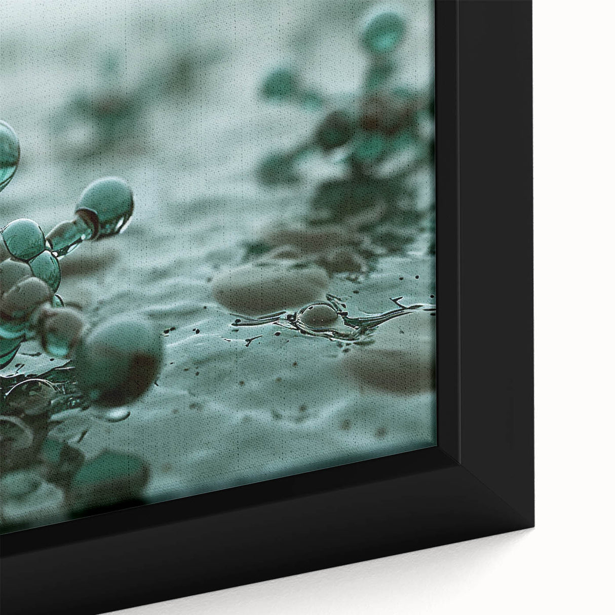 Extra large framed canvas featuring a close-up of water droplets on a black background with vibrant, textured color splashes.