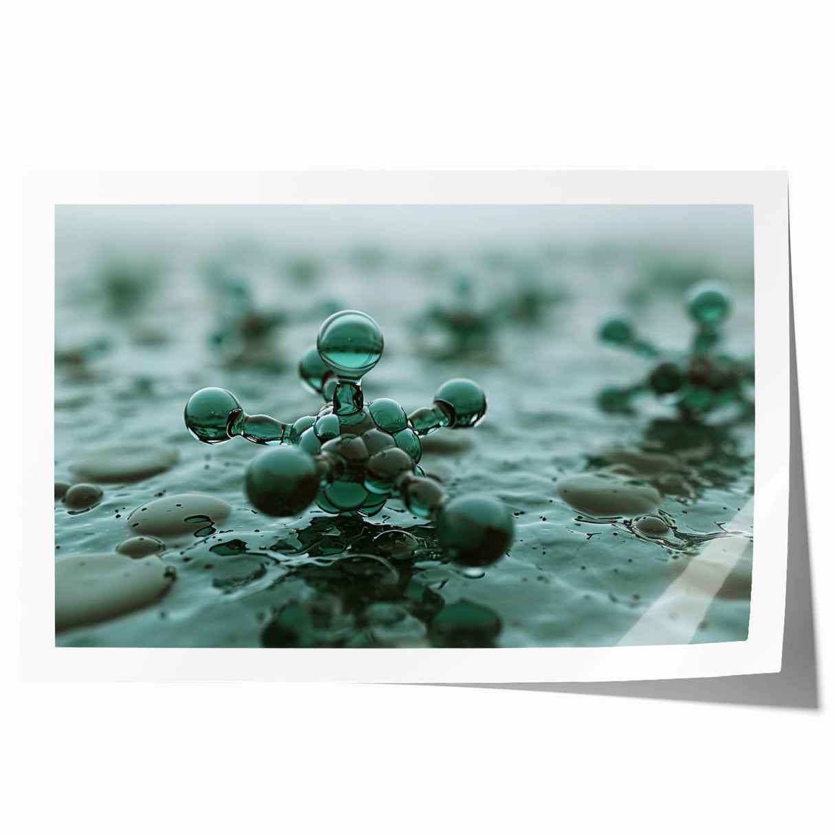 Close-up image of water droplets on vibrant green leaves, printed on rolled canvas, suitable for art wall dining room.